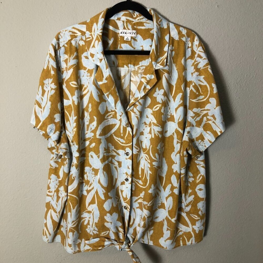 Ava & Viv Floral Linen Blend Buttercup Yellow & White Tie Waist Blouse Womens 3X - Picture 5 of 7